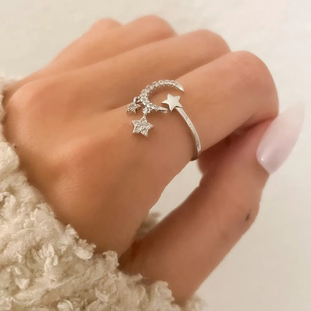 925 Sterling Silver Dangle Moon & Star Ring Dangle Charm Ring Dainty Silver Ring - Picture 4 of 8
